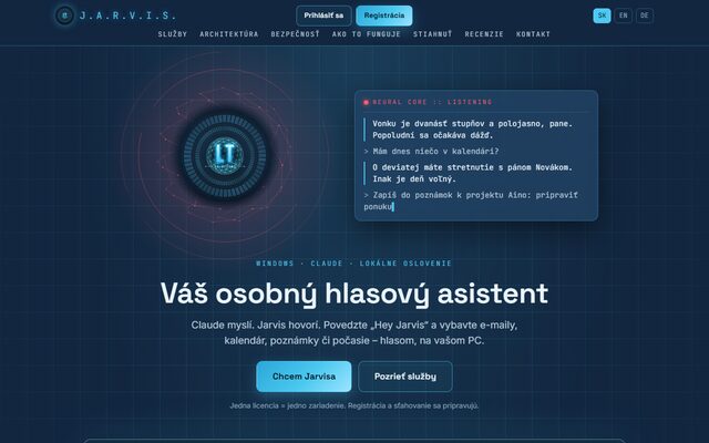 Náhľad stránky J.A.R.V.I.S. – hlasový asistent